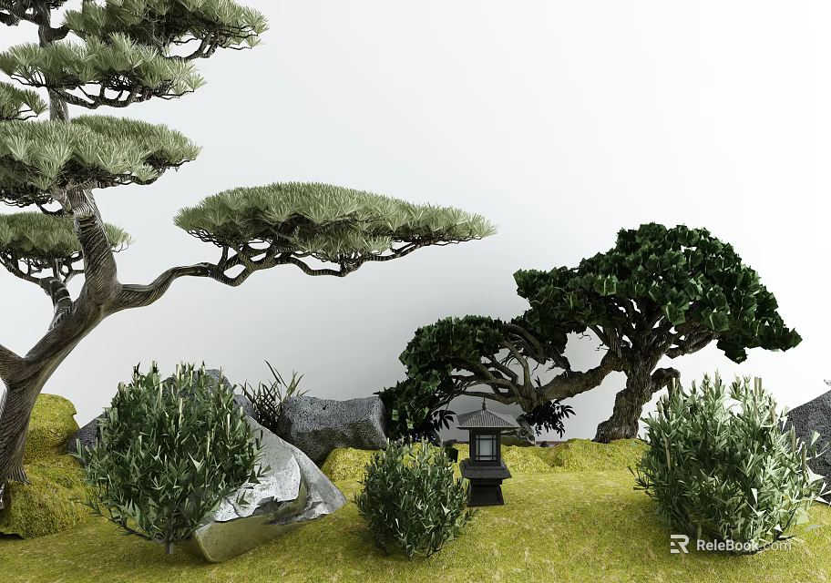 Serene Japanese Garden Featuring Pine Trees Bushes Stones And Black Lantern On Green Grass 3d model 