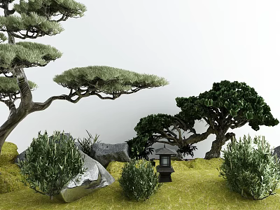 Serene Japanese Garden Featuring Pine Trees Bushes Stones And Black Lantern On Green Grass 3d model