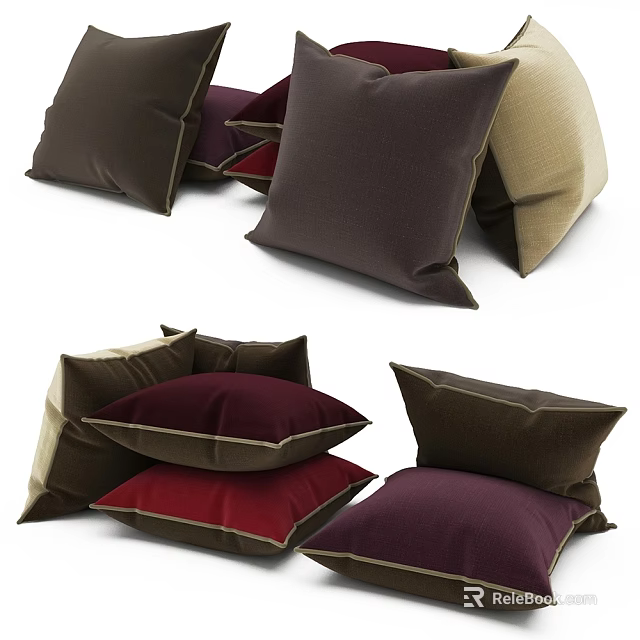 Dark Brown Burgundy And Beige Fabric Throw Pillows Stacked For Home Decor 3d model 