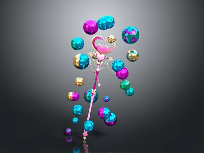 Pink Magic Wand With Shiny Multicolored Spheres On Black Background 3d model
