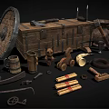 Vintage Wooden Chest Surrounded By Antique Shield Tools Pottery Jug And Scrolls