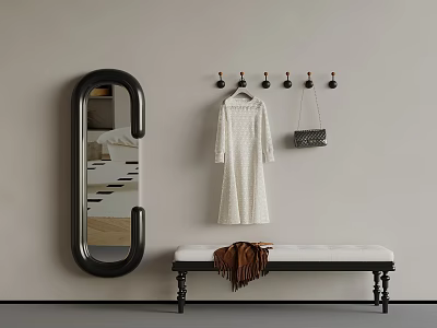 Oval Mirror With Wall Hooks White Lace Dress Black Handbag And Bench With Brown Blanket 3d model