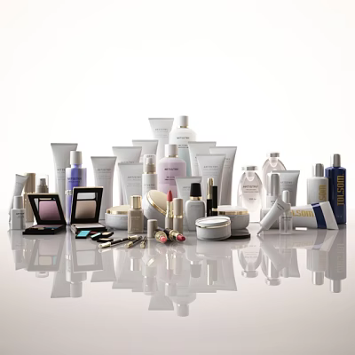 Elegant Perfume and Cosmetics Collection With Assorted Bottles Jars Lipsticks and Skincare Items 3d model