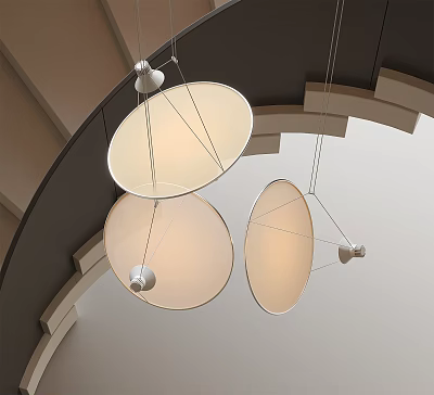 Three Circular Pendant Lights with White Shades Hang from Curved Ceiling in Modern Interior Design 3d model