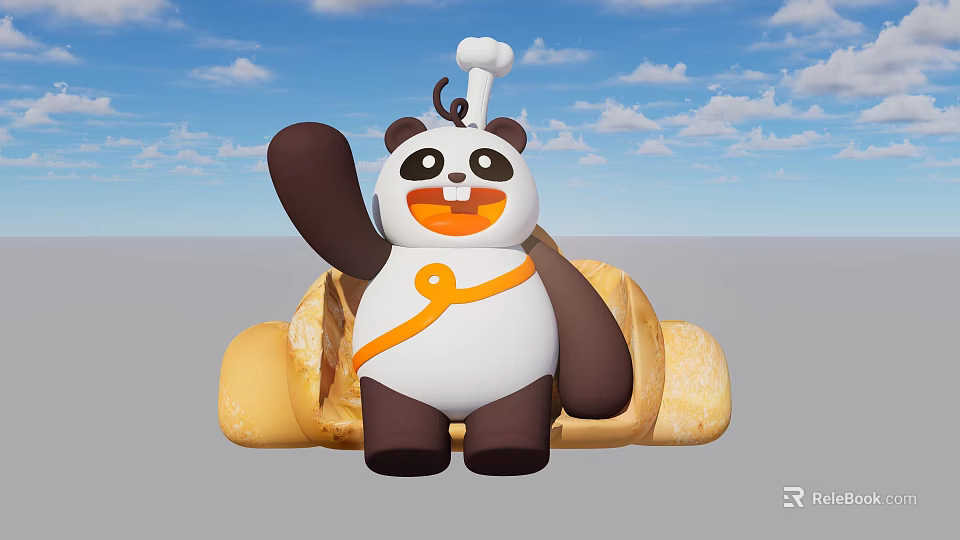 Cute Panda Chef Doll Photo Spot Sitting On Bread Shape With Blue Sky White Clouds 3d model 