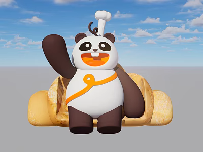 Cute Panda Chef Doll Photo Spot Sitting On Bread Shape With Blue Sky White Clouds 3d model