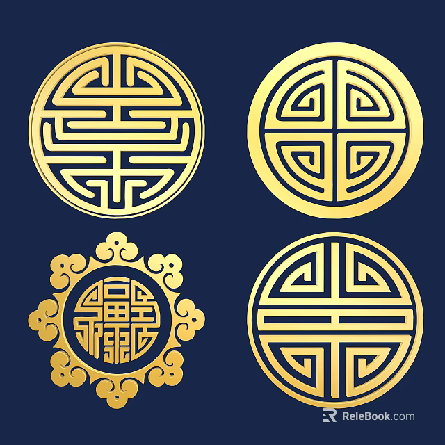 Traditional Chinese Style Golden Circular Carvings with Intricate Patterns on Dark Blue Background 3d model 