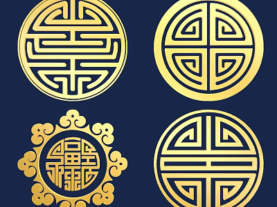 Traditional Chinese Style Golden Circular Carvings with Intricate Patterns on Dark Blue Background 3d model