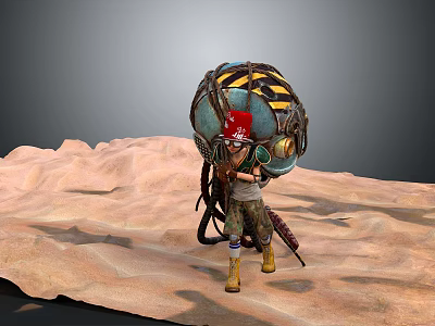 Game Movie Character With Large Blue Yellow Striped Backpack Red Headscarf Standing In Sandy Terrain 3d model