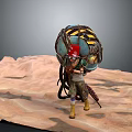 Game Movie Character With Large Blue Yellow Striped Backpack Red Headscarf Standing In Sandy Terrain