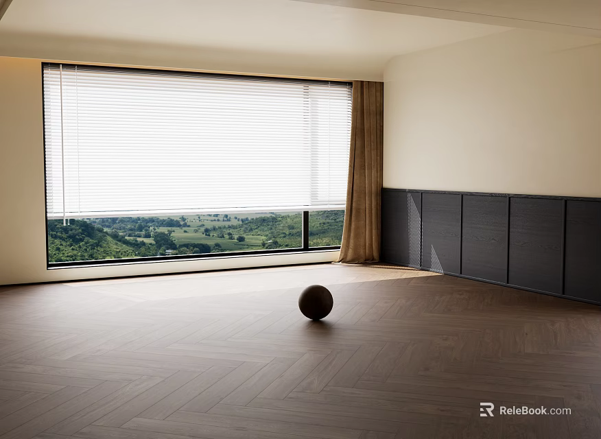 Herringbone Wooden Floor in Bright Room with Large Window Blinds Brown Curtains Black Cabinets and Green Landscape 3d model 