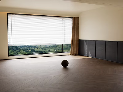 Herringbone Wooden Floor in Bright Room with Large Window Blinds Brown Curtains Black Cabinets and Green Landscape 3d model