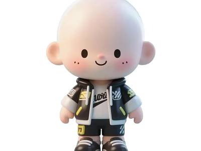 Game Movie Character Cute Bald Head Wearing Black Hoodie And Shorts 3d model
