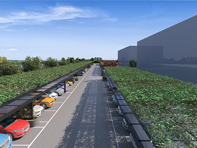 Parking Lot Sunshades With Green Vegetation Cover And Parked Cars 3d model