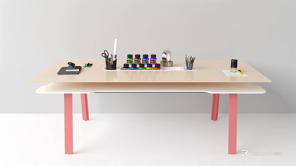 Light Wooden Desk with Pink Legs Stationery Colorful Paint Bottles Scissors Pencils and Paper 3d model 