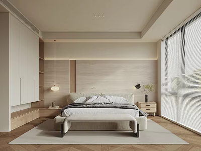 Modern Bedroom Interior With Upholstered Bed Pendant Light Wooden Floor And White Wardrobe 3d model