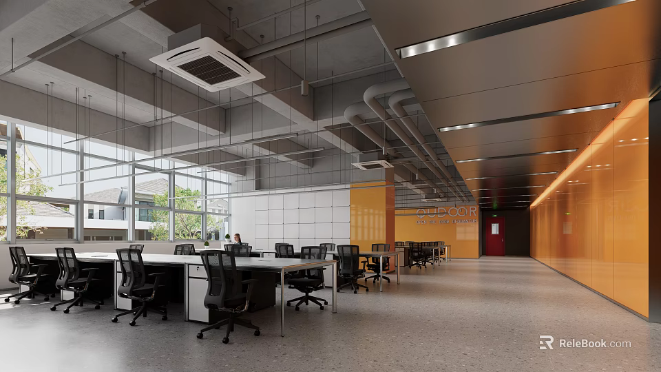 Modern Open Public Office Space with Desks Office Chairs Large Windows and Ceiling Pipes 3d model 