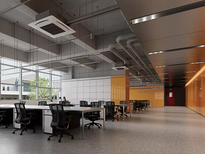 Modern Open Public Office Space with Desks Office Chairs Large Windows and Ceiling Pipes 3d model