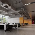 Modern Open Public Office Space with Desks Office Chairs Large Windows and Ceiling Pipes