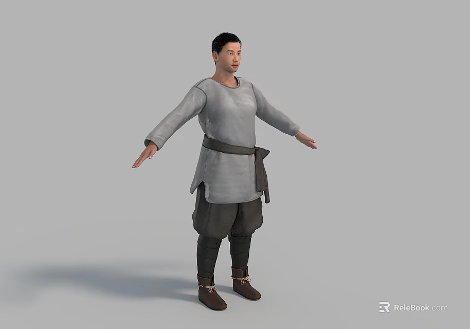 A Man In Gray Tunic Brown Belt Dark Pants Brown Shoes Arms Outstretched 3d model 