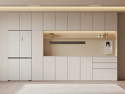Modern Wine Cabinet With White Built in Cabinetry And Kitchen Lighting Design 3d model