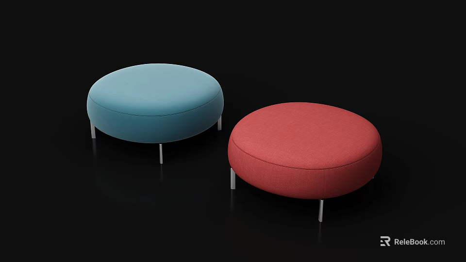 Two Round Upholstered Footstools in Blue and Red with Metal Legs on Black Background 3d model 