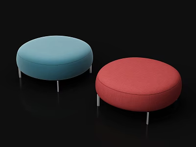 Two Round Upholstered Footstools in Blue and Red with Metal Legs on Black Background 3d model