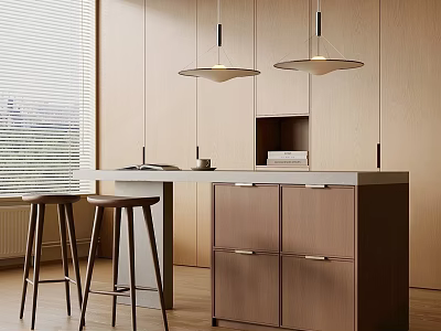 Modern Kitchen Interior With Wooden Island Bar Stools And Pendant Lights 3d model
