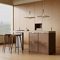 Modern Kitchen Interior With Wooden Island Bar Stools And Pendant Lights