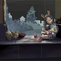 Cute Game Character In Red Antler Headband Sitting On Bench With Kitten Teacup And Plate