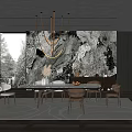 Modern Restaurant With Marble Wall Large Windows Golden Chandeliers Dark Wooden Table And Brown Chairs