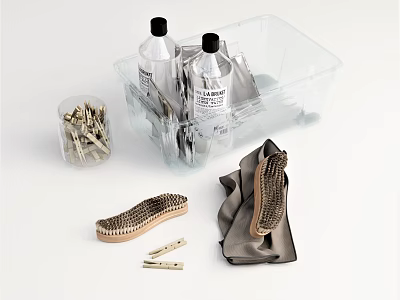 Bathroom Small Accessories Organized with Storage Box Cleaning Bottles Clothespins Brush and Cloth 3d model