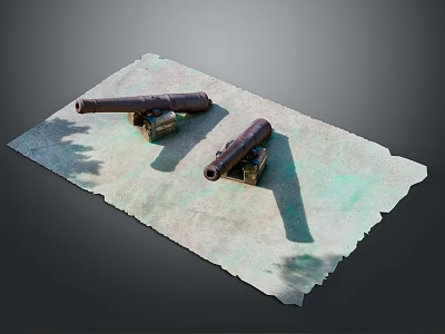 Two Vintage Cannons Placed On Green And Beige Textured Paper With Dark Background 3d model