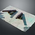 Two Vintage Cannons Placed On Green And Beige Textured Paper With Dark Background