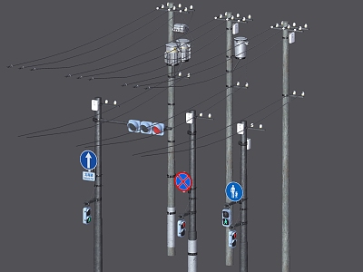 6 old PBR next-generation transmission pole high-voltage line city street light pole power line transmission line pole warning sign traffic light pole 3d model