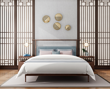 New Chinese Background Double Bed Double Bed 3d model