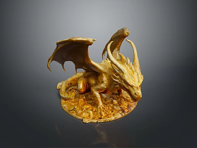 Game Movie Mythical Dragon Character with Golden Scales Wings and Clawed Feet on Rocky Base 3d model