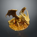 Game Movie Mythical Dragon Character with Golden Scales Wings and Clawed Feet on Rocky Base