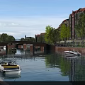 Scenic River Landscape With Stone Bridge Red Roofed Buildings Green Trees And Boats
