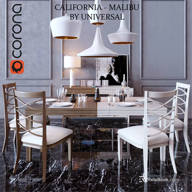 Modern Dining Room Interior With Table And Chairs Set Hanging Pendant Lights And Tableware 3d model 
