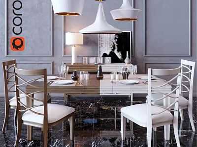 Modern Dining Room Interior With Table And Chairs Set Hanging Pendant Lights And Tableware 3d model