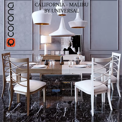 Modern Dining Room Interior With Table And Chairs Set Hanging Pendant Lights And Tableware 3d model