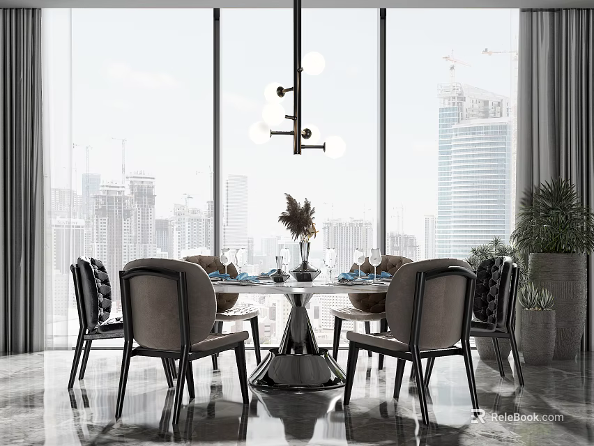 Modern Dining Table Set With Chairs Pendant Light And City View Through Large Windows 3d model