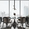 Modern Dining Table Set With Chairs Pendant Light And City View Through Large Windows 3d model