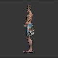 Shirtless Muscular Man In Ripped Blue Denim Shorts Colorful Sneakers Backpack Standing Gray Background
