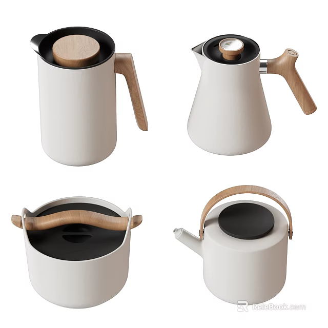 Modern Minimalist White Tea Set With Wooden Handles And Ceramic Design 3d model 