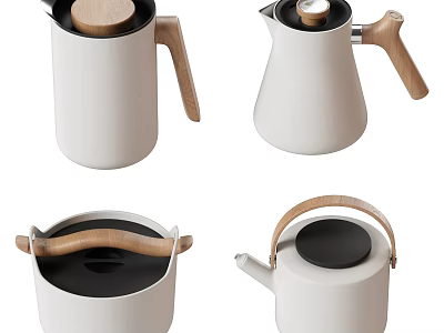 Modern Minimalist White Tea Set With Wooden Handles And Ceramic Design 3d model