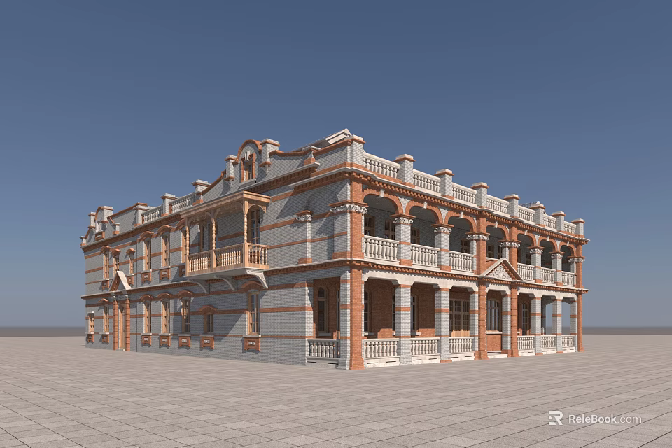 Two Story European Style Building With Arched Windows And Red Gray Bricks On Open Square 3d model 