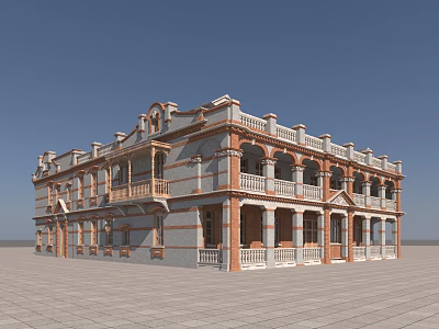 Two Story European Style Building With Arched Windows And Red Gray Bricks On Open Square 3d model