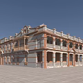 Two Story European Style Building With Arched Windows And Red Gray Bricks On Open Square